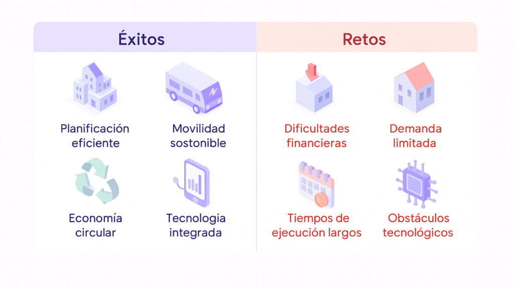 Infografía de éxitos y retos en proyectos de microciudades