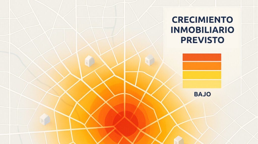 Mapa de calor de predicción de crecimiento inmobiliario en una ciudad.
