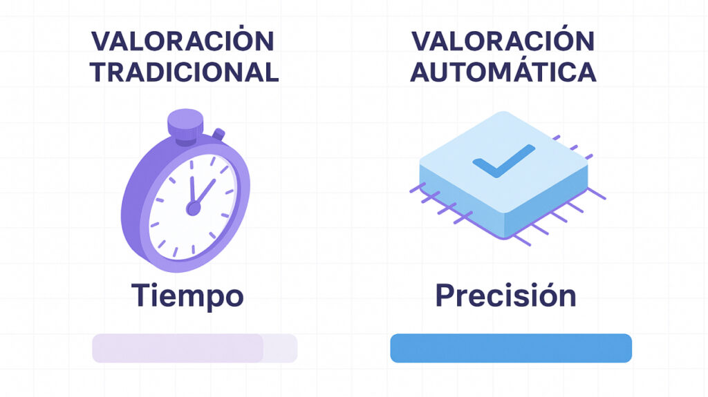 Gráfico comparativo entre el proceso de valoración tradicional y el automático, destacando tiempo y precisión.