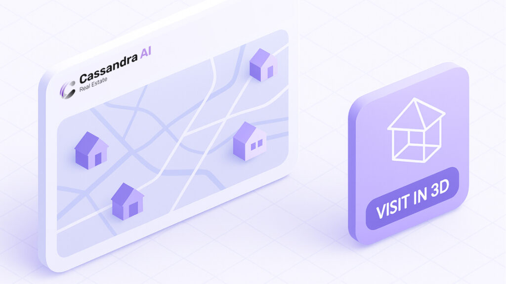 Interfaz de Cassandra AI mostrando propiedades sobre mapa con opción de visita 3D.