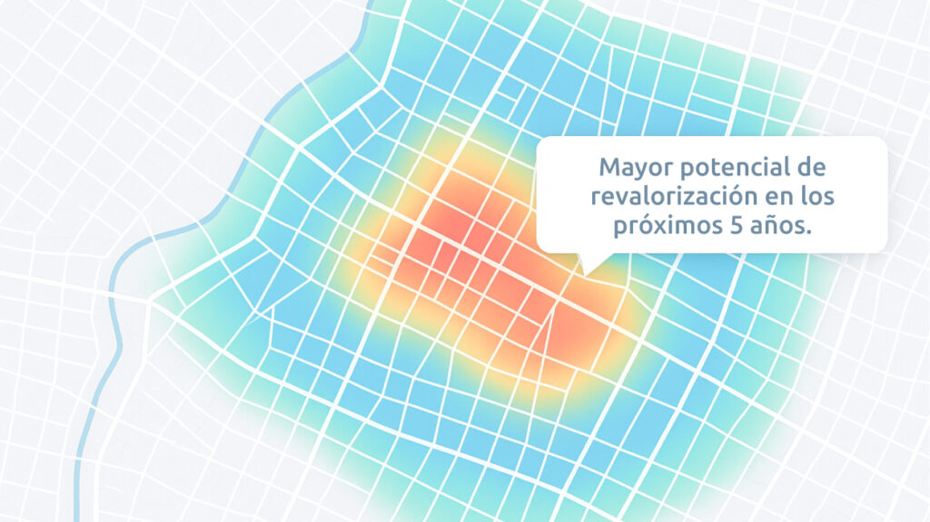 Mapa de calor interactivo de una ciudad media mostrando áreas con mayor potencial de revalorización en los próximos 5 años.
