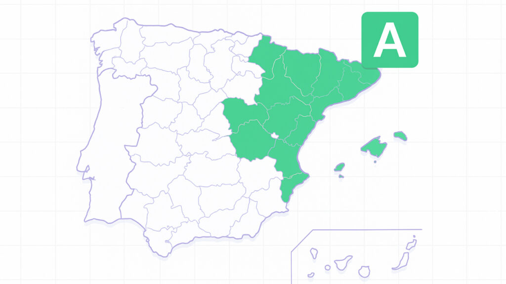 Mapa de España con provincias que lideran certificaciones energéticas A.