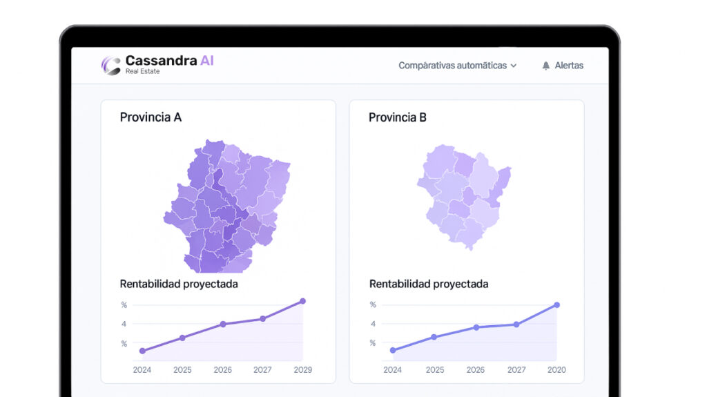  Mockup de la plataforma Cassandra mostrando un análisis comparativo entre dos provincias con foco en rentabilidad proyectada.