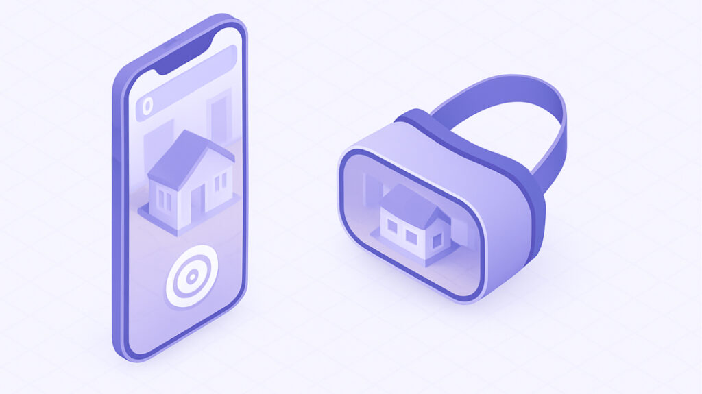 Mockup de recorrido virtual en una app móvil o gafas VR, mostrando una vivienda.