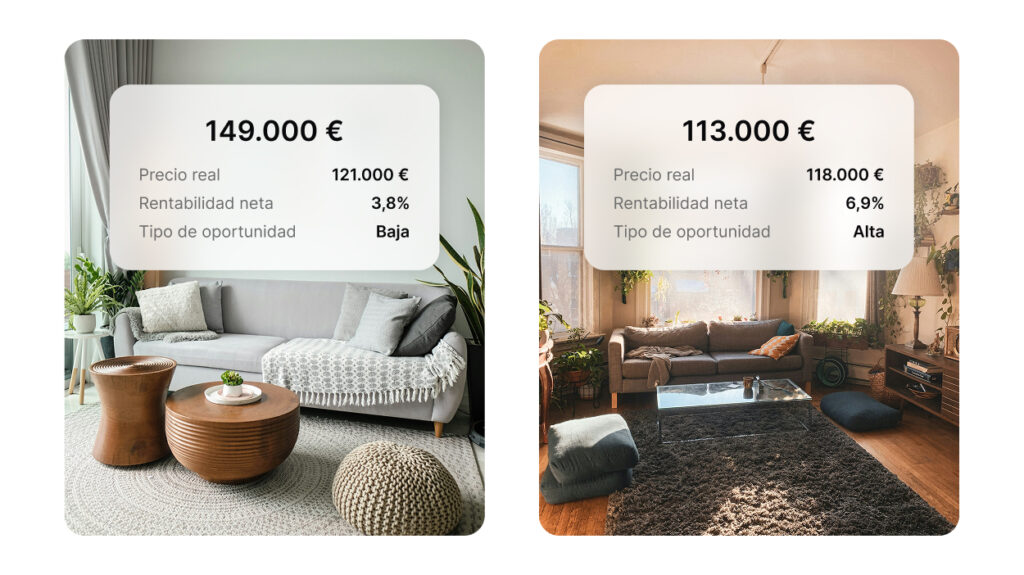 Visual con dos tarjetas de propiedad lado a lado: a la izquierda una vivienda muy cuidada y sobrevalorada, a la derecha un edificio más sencillo pero con mejor precio por metro cuadrado y mayor rentabilidad neta.