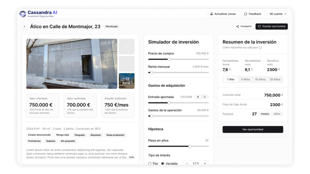 Mockup de una interfaz de software (SaaS) llamada Cassandra, mostrando los detalles de una propiedad con su precio ofertado, valor estimado, una alerta de sobrevaloración y rentabilidad proyectada, junto a un mapa de la zona.