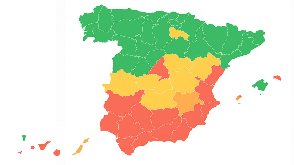 Mapa de España por provincias tipo dashboard, coloreado en verde, amarillo y rojo para representar la liquidez del mercado inmobiliario según el tiempo medio de venta en cada zona.