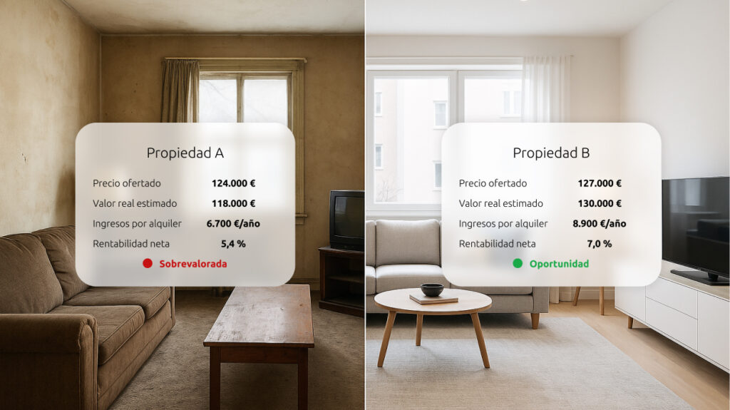 Imagen dividida verticalmente que muestra a la izquierda un salón antiguo sin reformar y a la derecha un salón moderno reformado, representando dos propiedades similares con distinto estado.