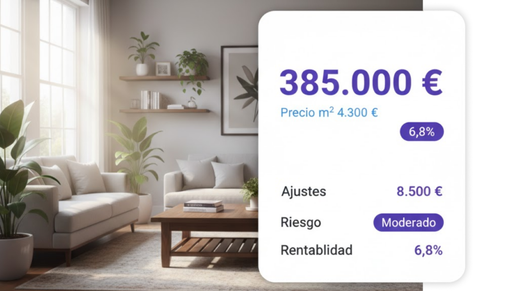 Ficha de inmueble con datos de mercado y riesgo